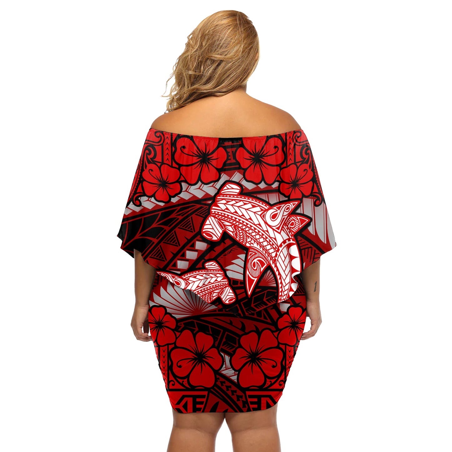 Polynesischer Hai Valentinstag Schulterfreies Kurzes Kleid blumen Hibiskus und Tribal Tattoo Rot Stil LT03