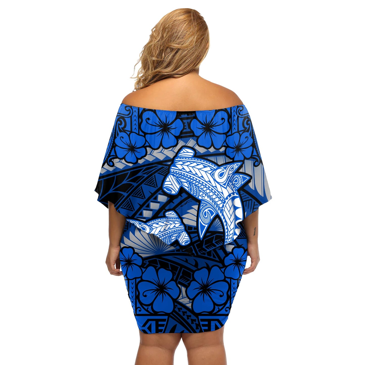 Polynesischer Hai Valentinstag Schulterfreies Kurzes Kleid blumen Hibiskus und Tribal Tattoo Blau Stil LT03