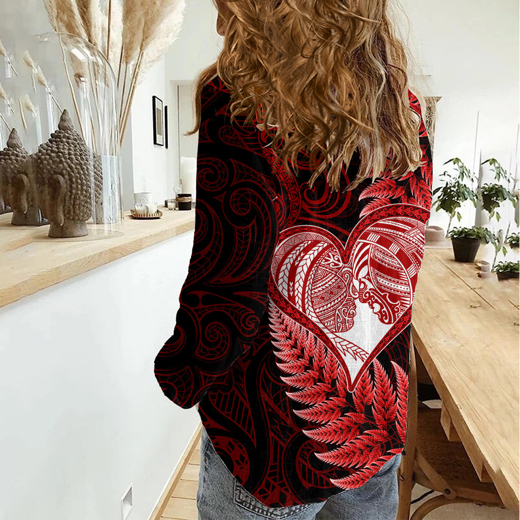 Neuseeland Valentinstag Frauen Casual Shirt Aotearoa Krieger und Frau Liebesgeschichte Silber Farn Koru Rot Stil LT03