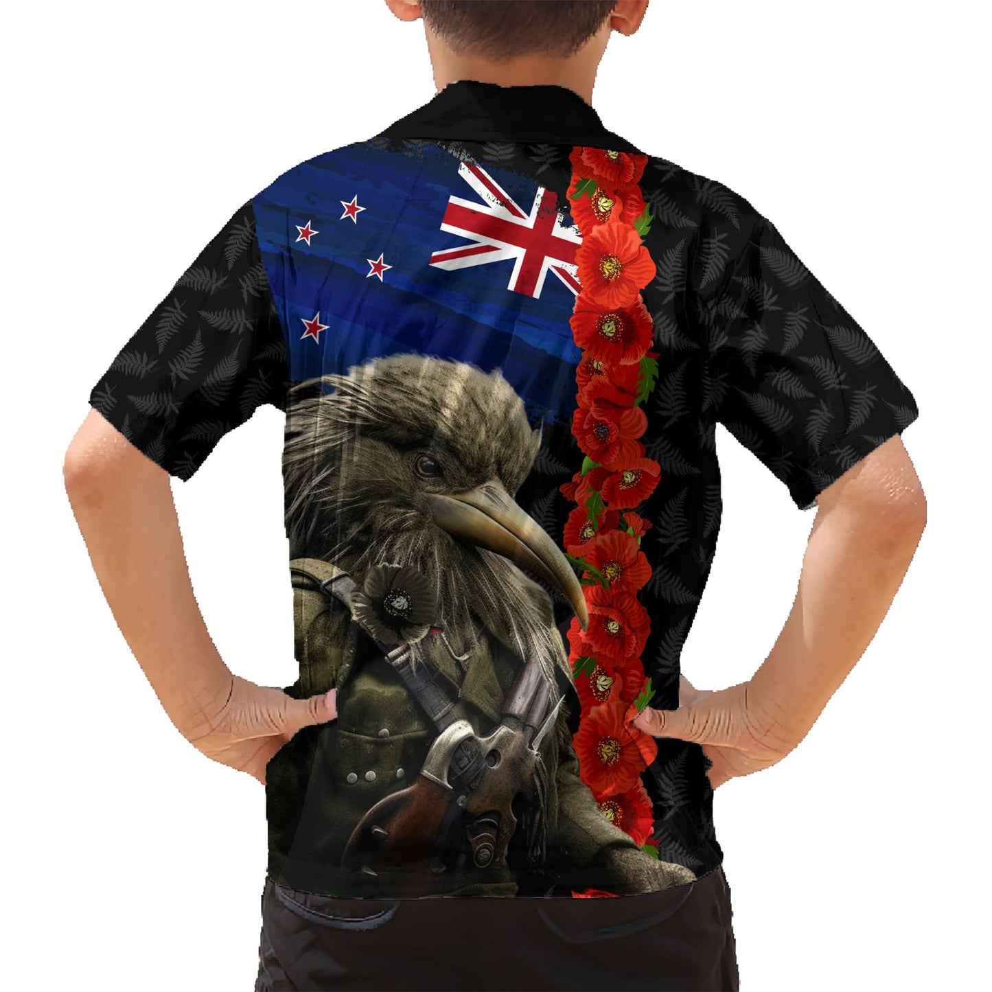 Neuseeländischer Kiwi-Soldat ANZAC Hawaiihemd mit rotem Mohnblüten- und silbernem Farnmuster LT03