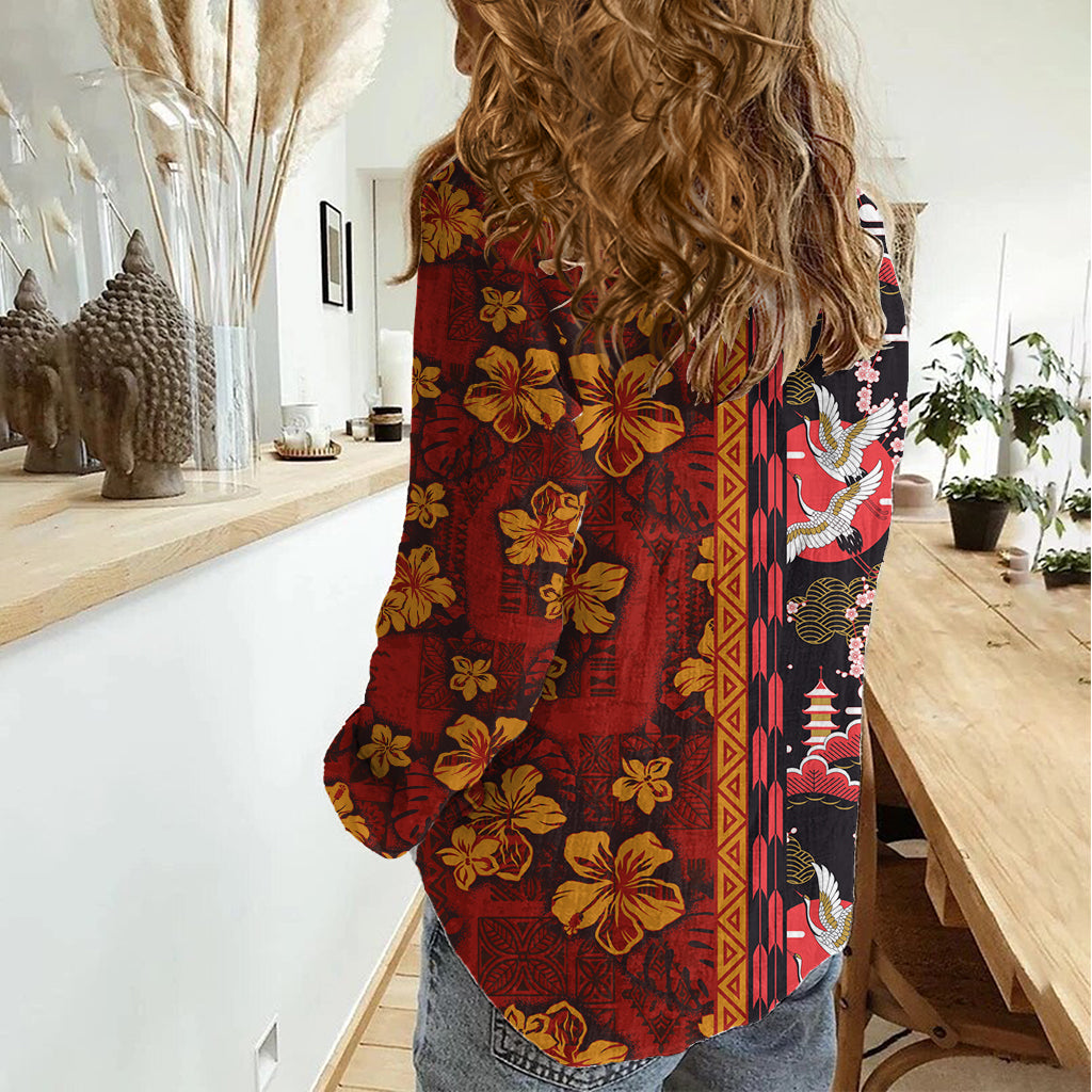 Japanische Kultur Hawaii Stil Frauen Casual Shirt Hawaiian Tribal und Japanische Muster Zusammen Kultur LT03