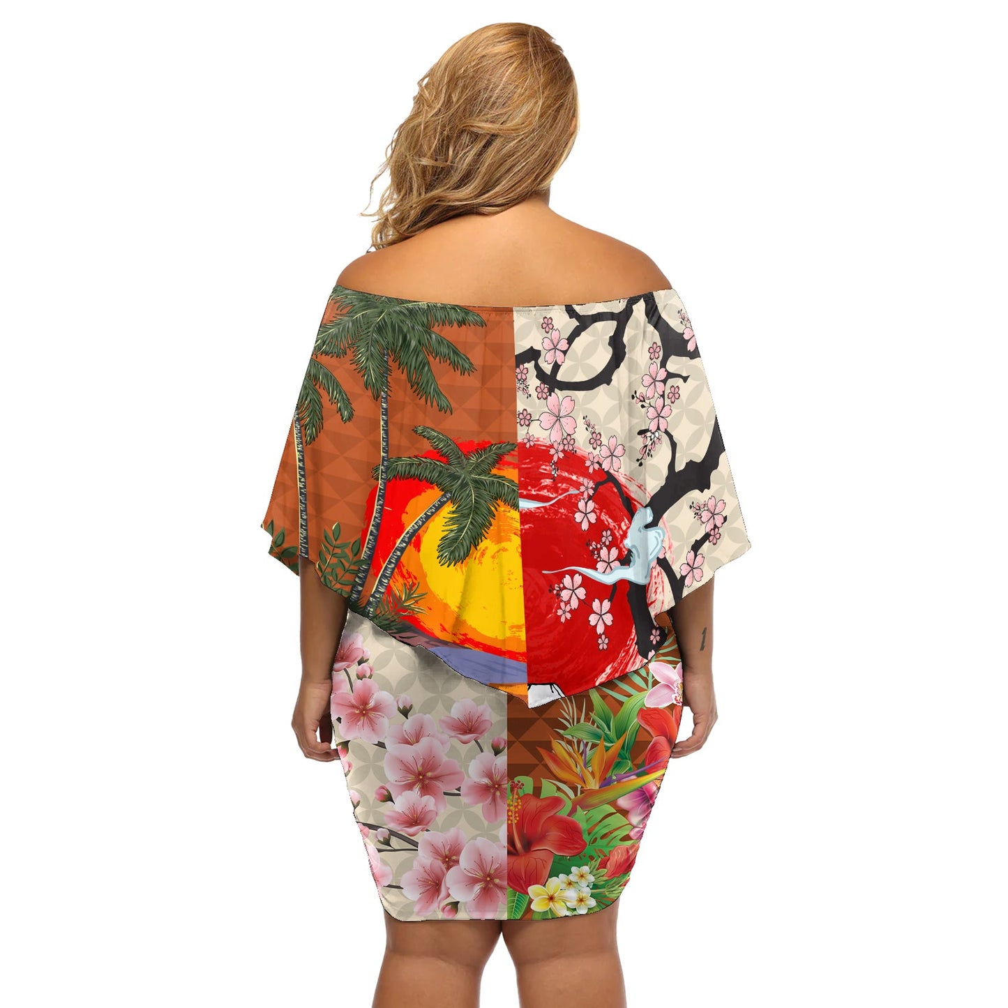 Japanische Kultur Hawaii Stil Off Shoulder Kurzes Kleid blumen Mauna Kea und Fuji Berge LT03