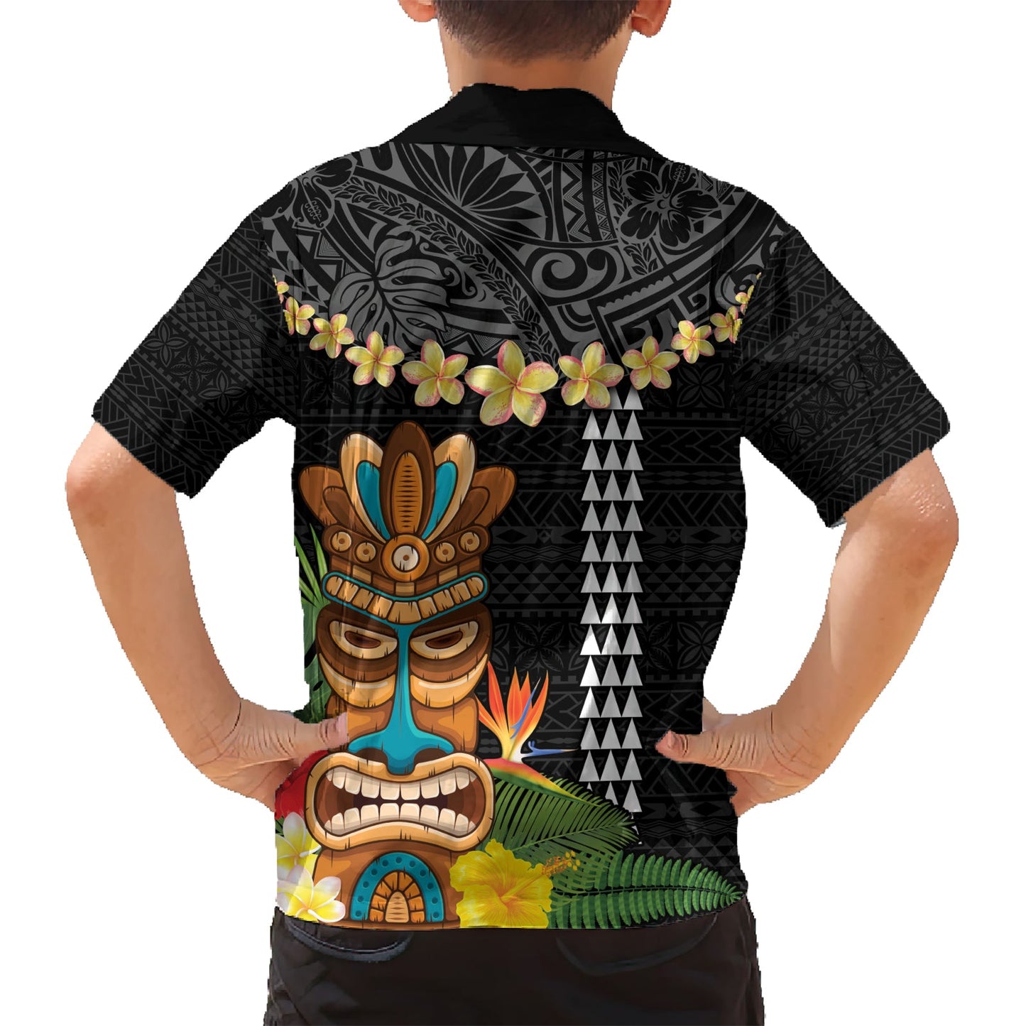 Hawaii Plumeria Lei Hawaiihemd Tiki und Kakau Muster Schwarz Farbe LT03