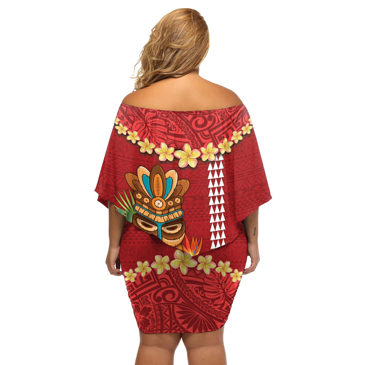 Hawaii Plumeria Lei Off Shoulder Kurzes Kleider blumen Tiki und Kakau Muster Rot Farbe LT03