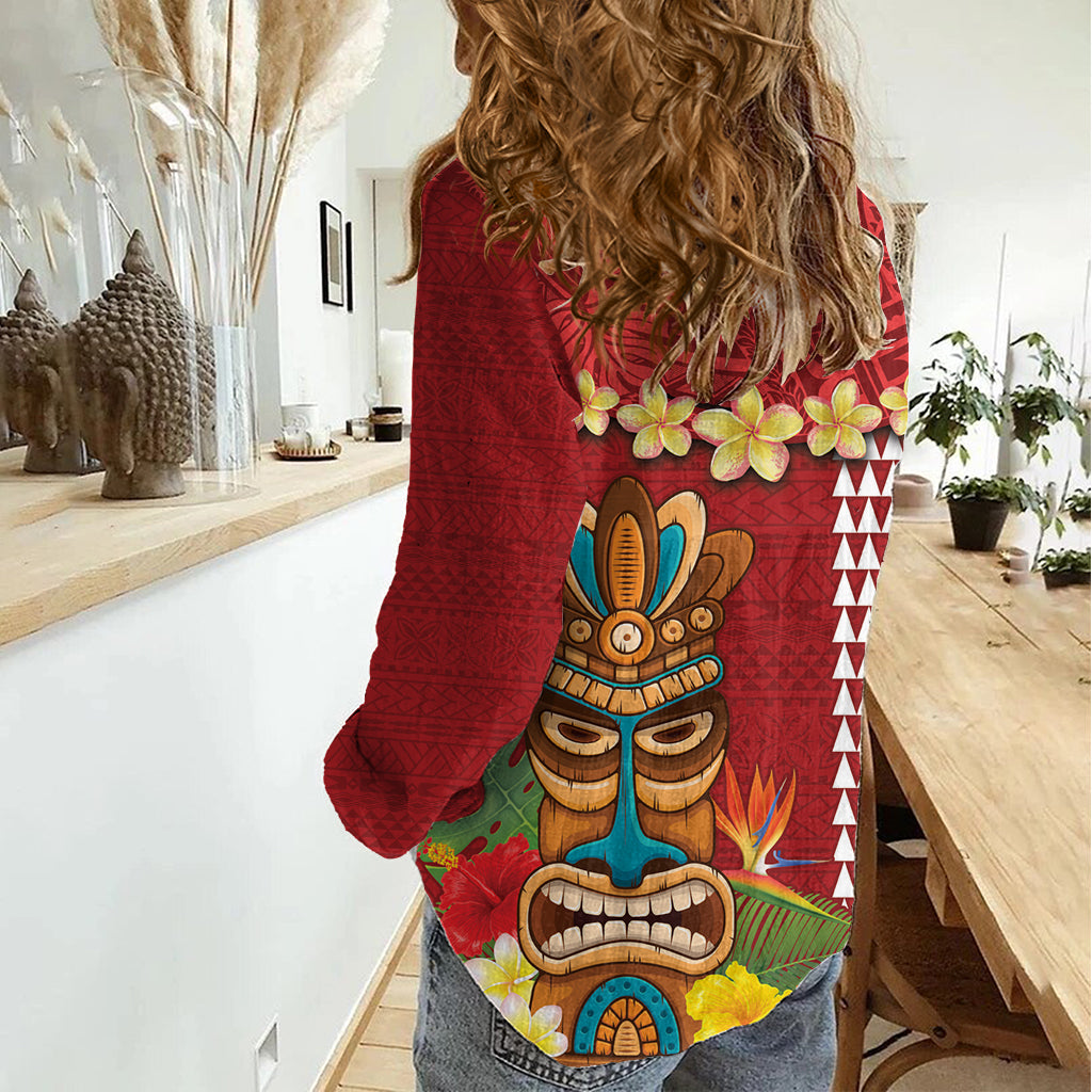 Hawaii Plumeria Lei Damen Freizeithemd Tiki und Kakau Muster Rot Farbe LT03