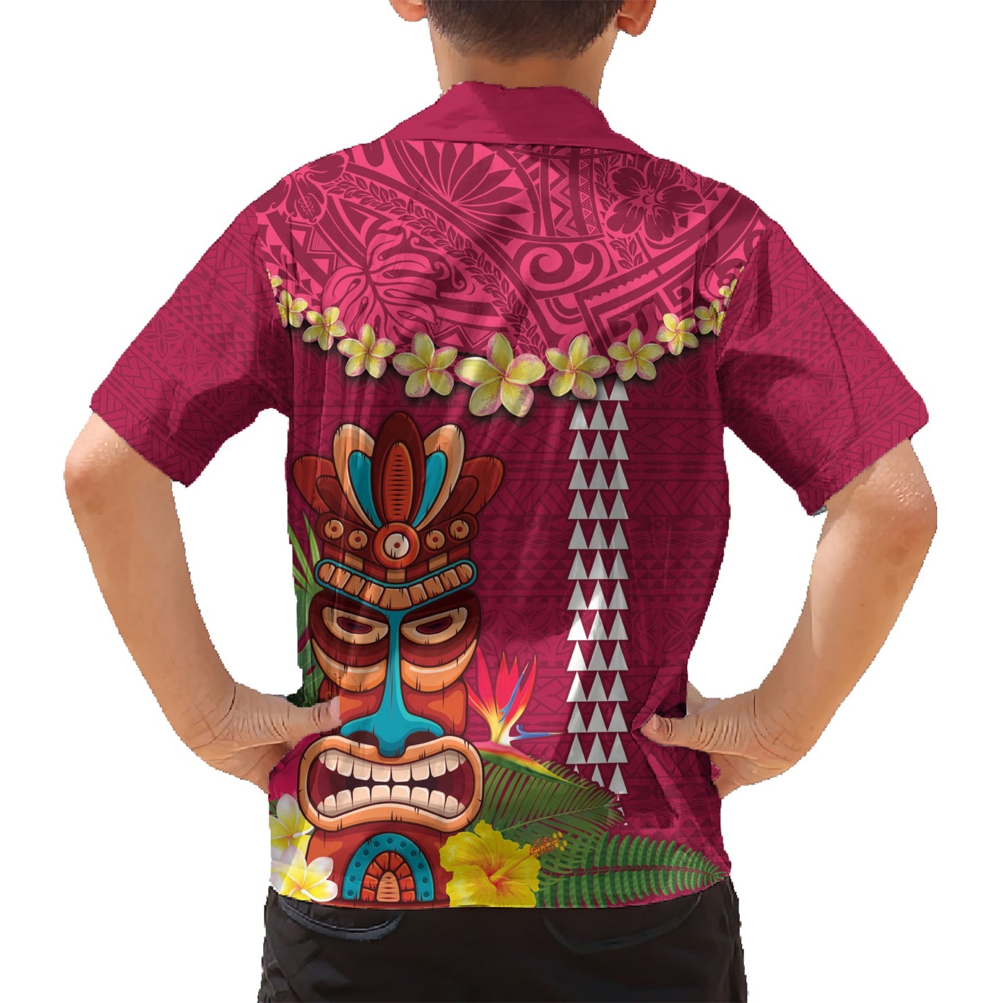 Hawaii Plumeria Lei Hawaiihemd Tiki und Kakau Muster Rosa Farbe LT03