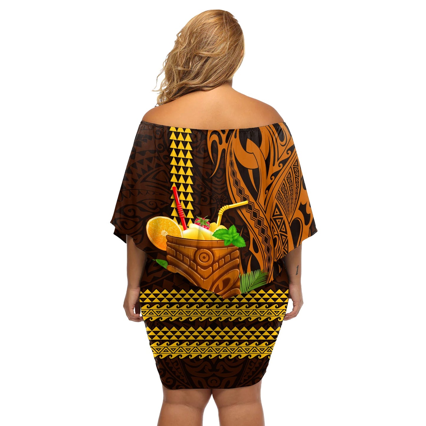 Hawaii Tiki Maske Cocktail schulterfreies kurzes Kleid blumen Kakau Tattoo LT03