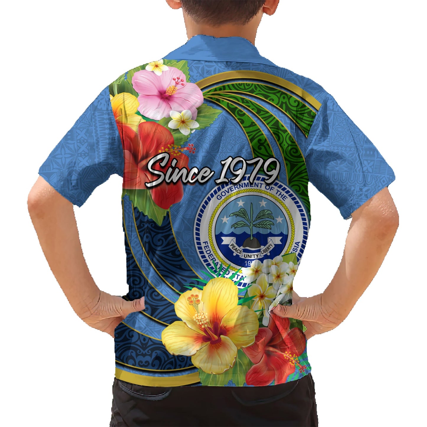 Mikronesien Verfassungstag Hawaiihemd Hibiskus und Tapa Tribal Muster LT03