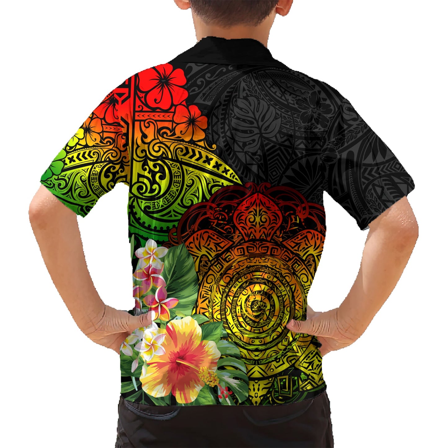 Polynesien Victory Day Hawaiihemd Tribal Schildkröte und Hibiskus LT03