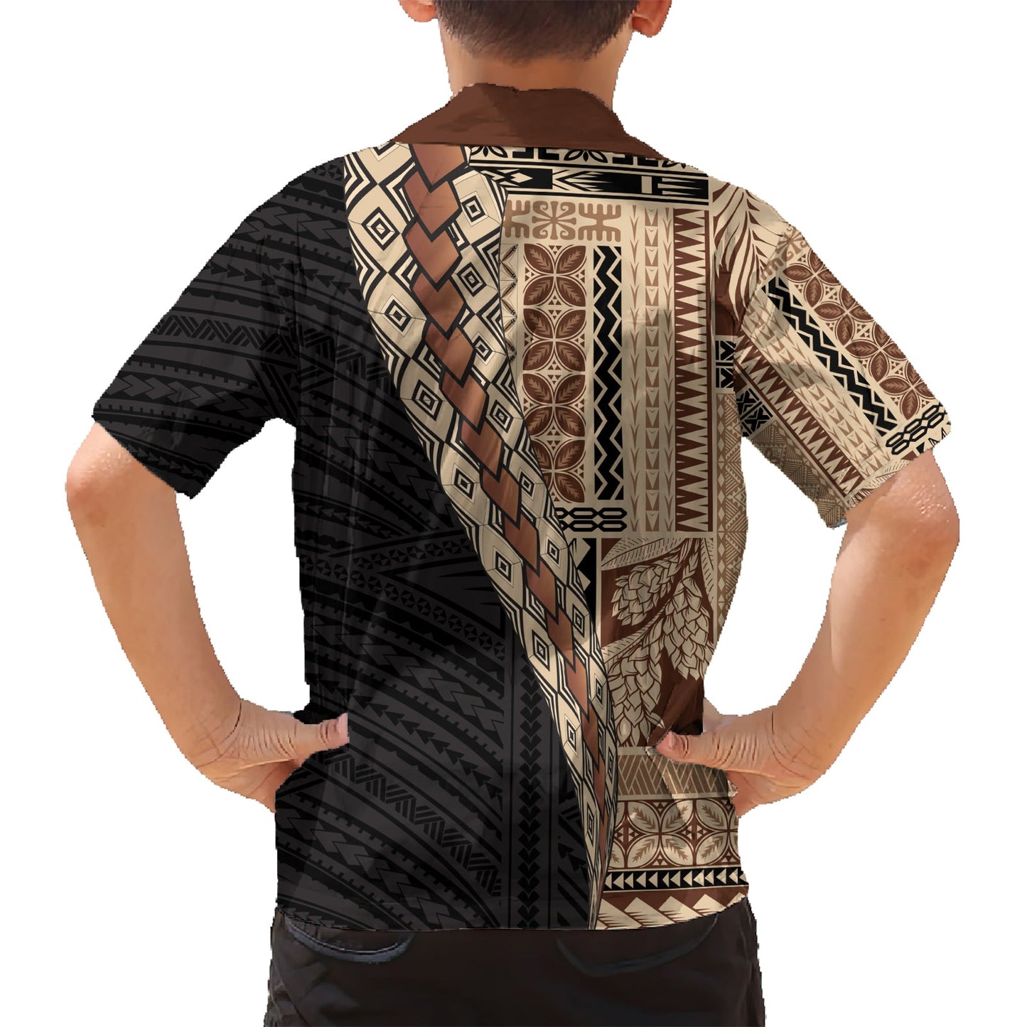 Hawaiihemd im Halbstil mit Samoa-Siapo-Motiv, braune Version LT03