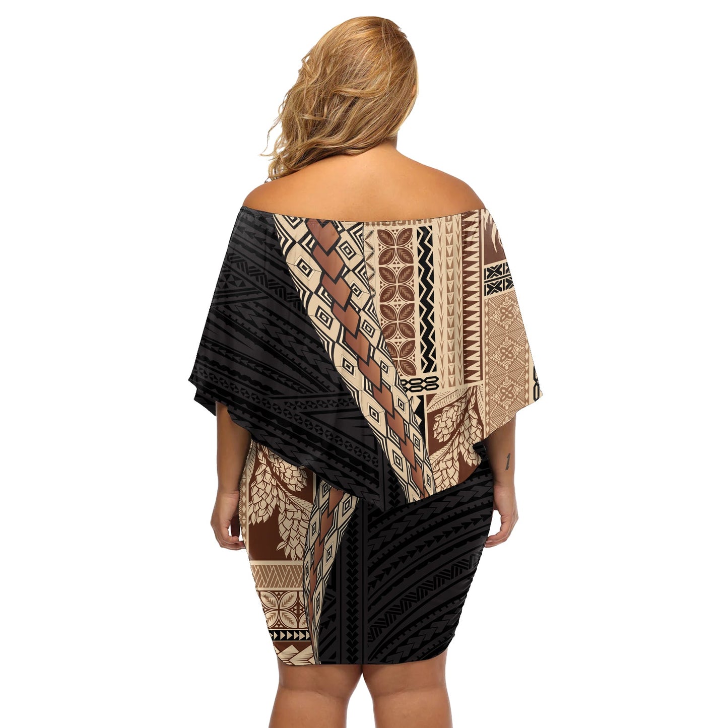 Samoa Siapo Motiv Halber Stil Off Shoulder Kurzes Kleider blumen Braun Version LT03