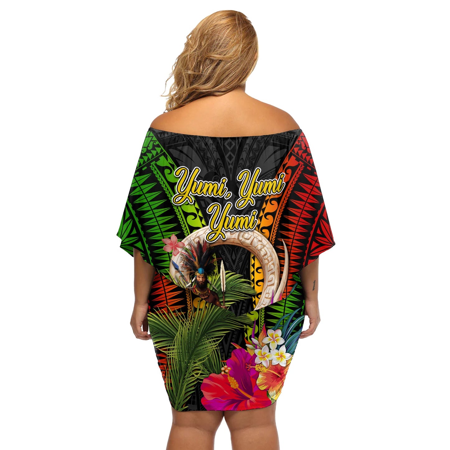 Vanuatu Unabhängigkeitstag Schulterfreies Kurzes Kleid mit blumen Wildschweinstoßzähne und melanesischer Krieger Indipendens Dei LT03