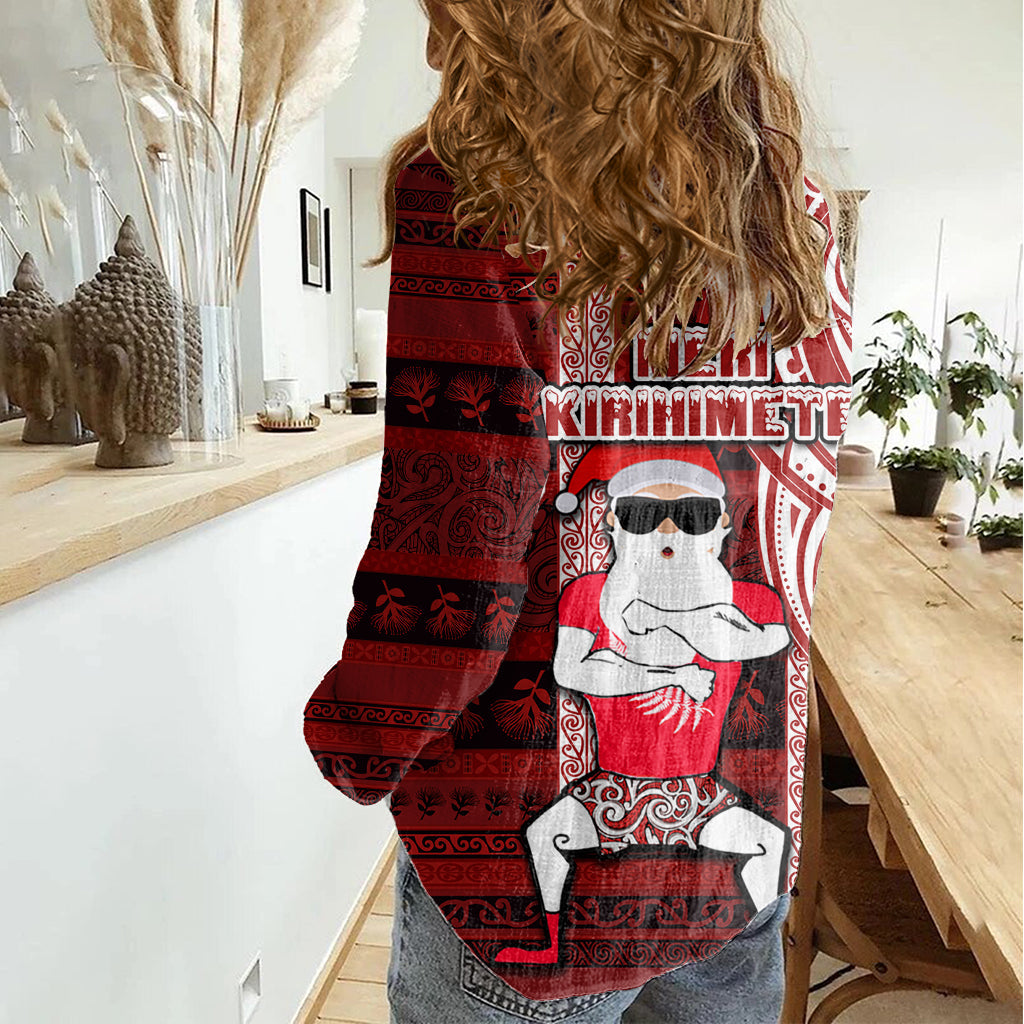 Neuseeland Weihnachten Frauen Casual Shirt Weihnachtsmann und Kiwi Vogel Aotearoa Kiwiana Muster LT03