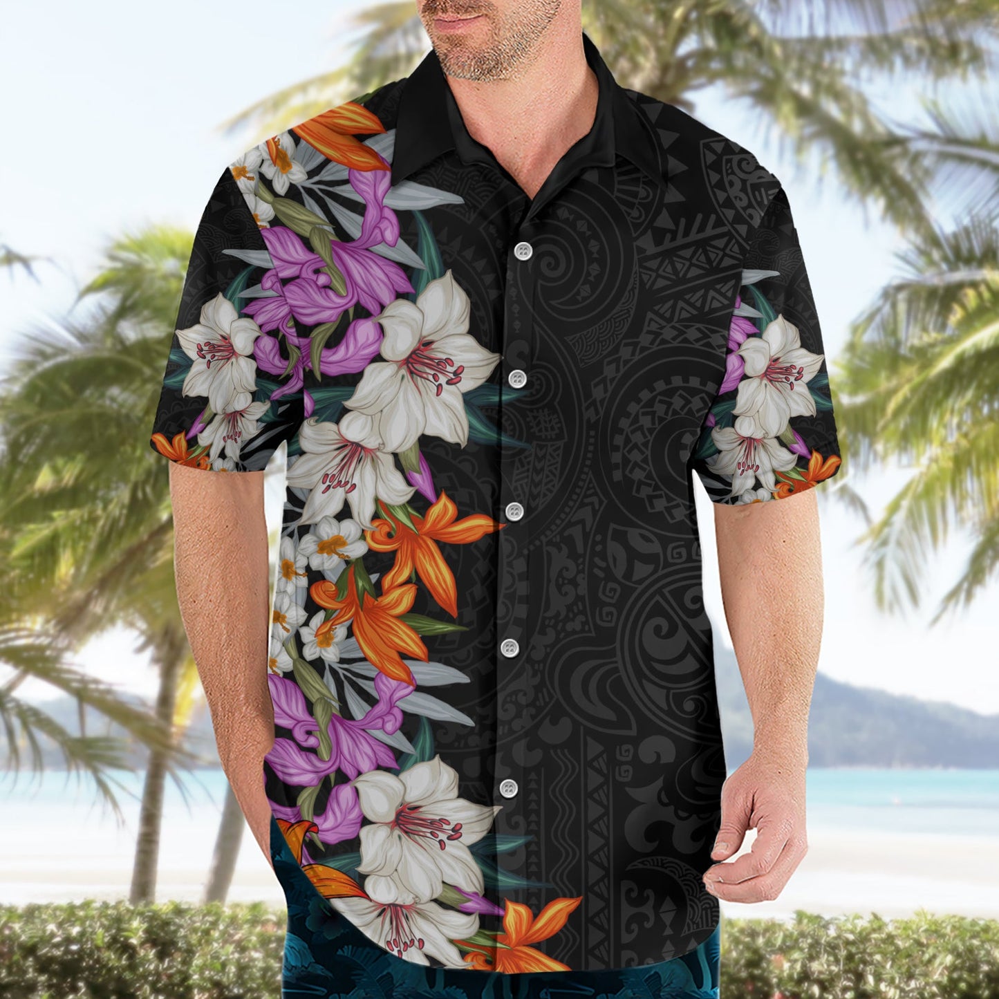 Hawaii Tropische Blätter und Blumen Hawaiihemd Tribal Polynesian Muster LT03