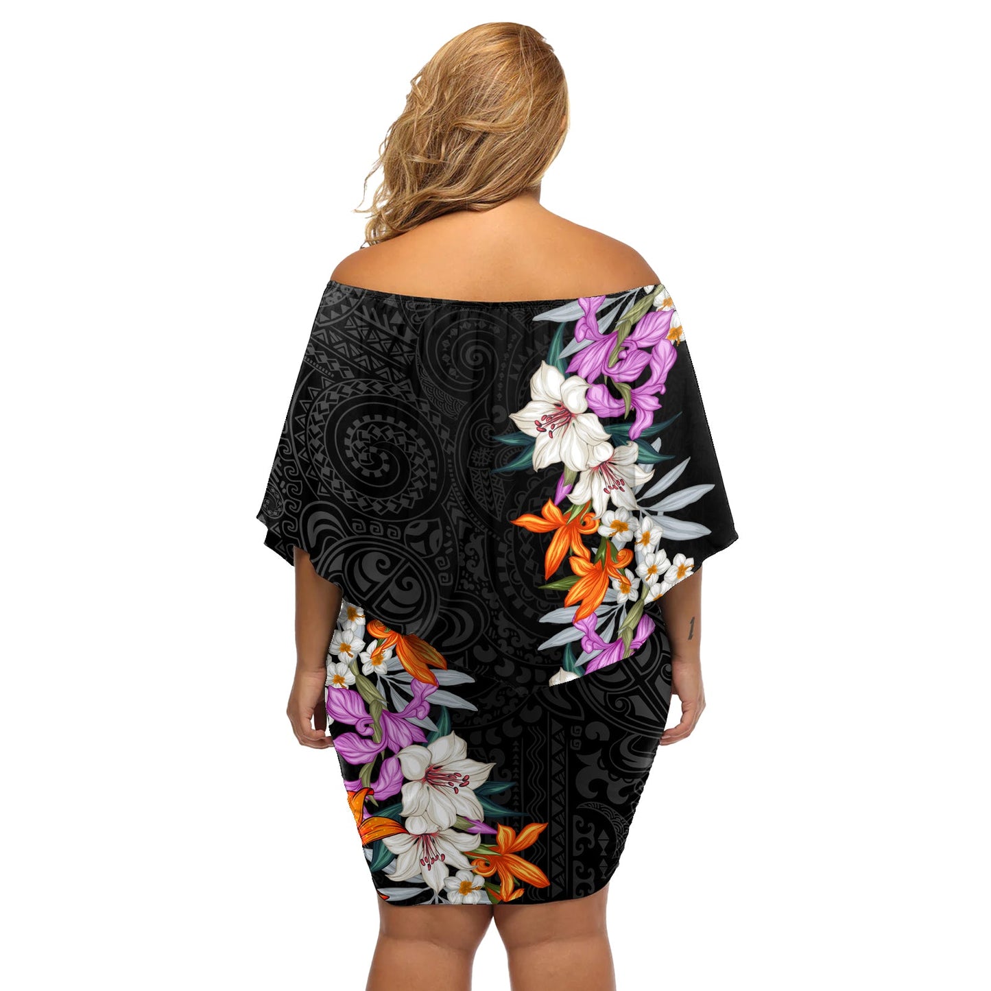 Hawaii Tropische Blätter und Blumen Schulterfreies Kurzes Kleid blumen Tribal Polynesian Muster LT03
