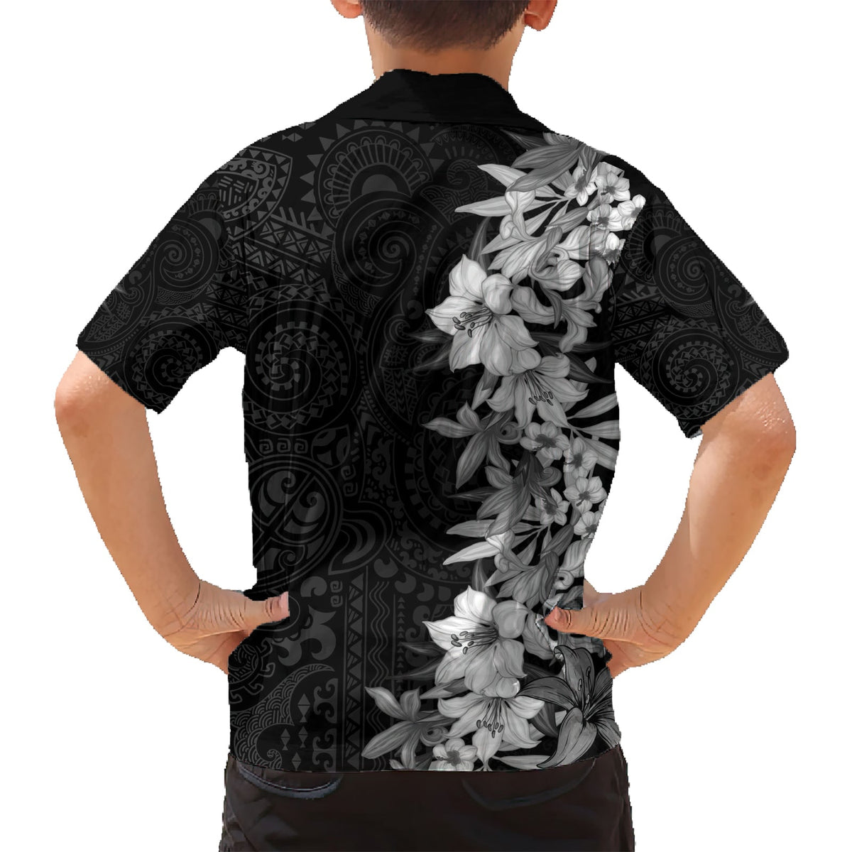 Hawaii Tropische Blätter und Blumen Hawaiihemd Tribal Polynesian Muster Schwarz Weiß Stil LT03