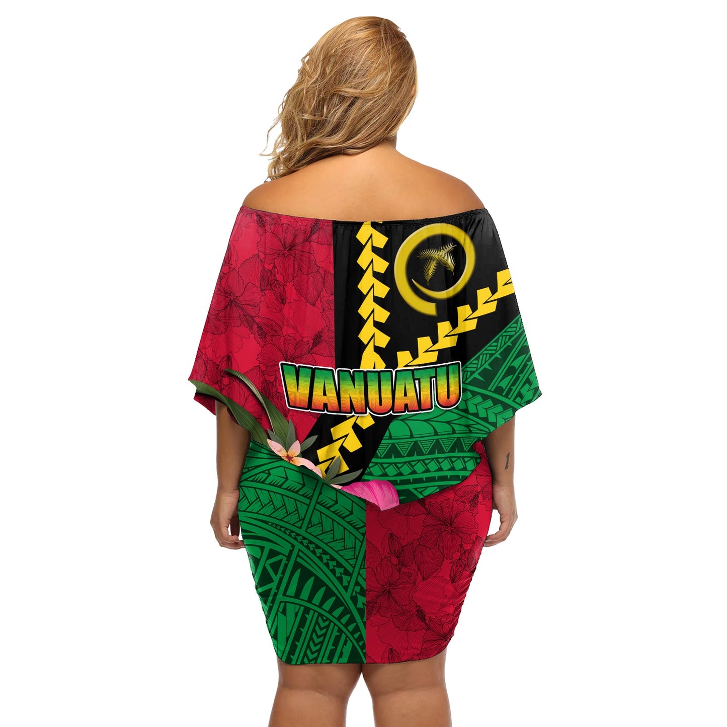 Vanuatu Flagge Hibiskus Polynesisches Muster Off Shoulder Kurzes Kleid mit blumen LT03