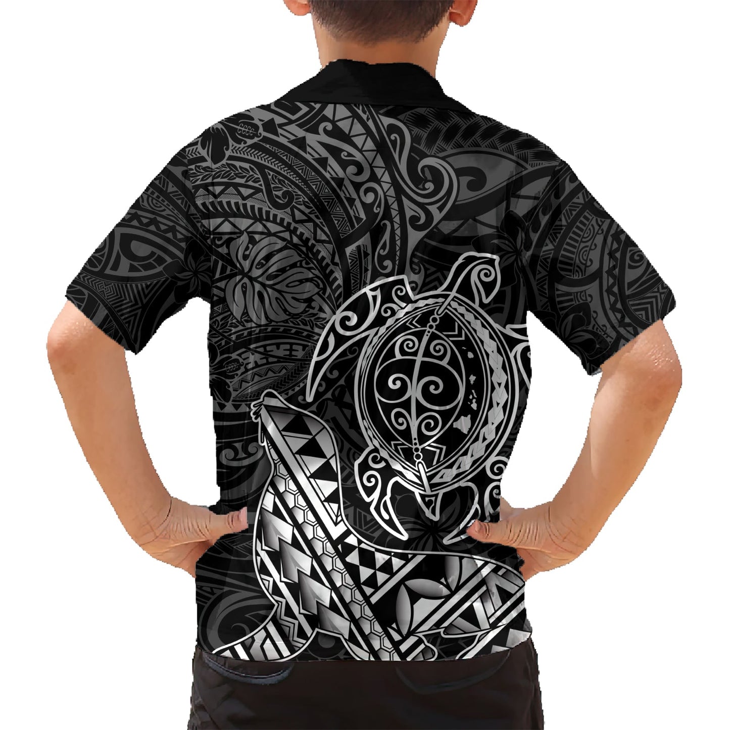 Hawaii Mönchsrobbe und Delfin Hawaiihemd Polynesisches Kakau Muster Schwarz Weiß Farbe LT03