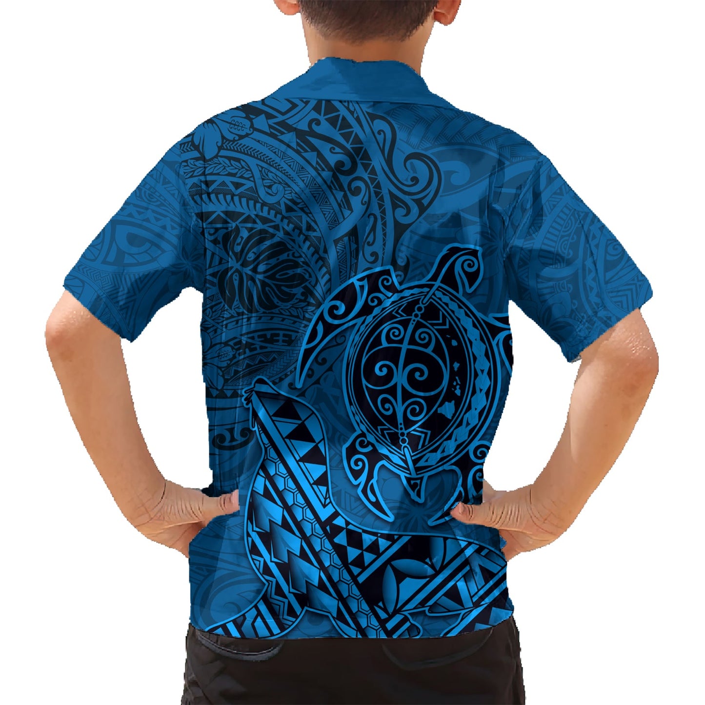 Hawaii Mönchsrobbe und Delfin Hawaiihemd Polynesisches Kakau Muster Blau LT03