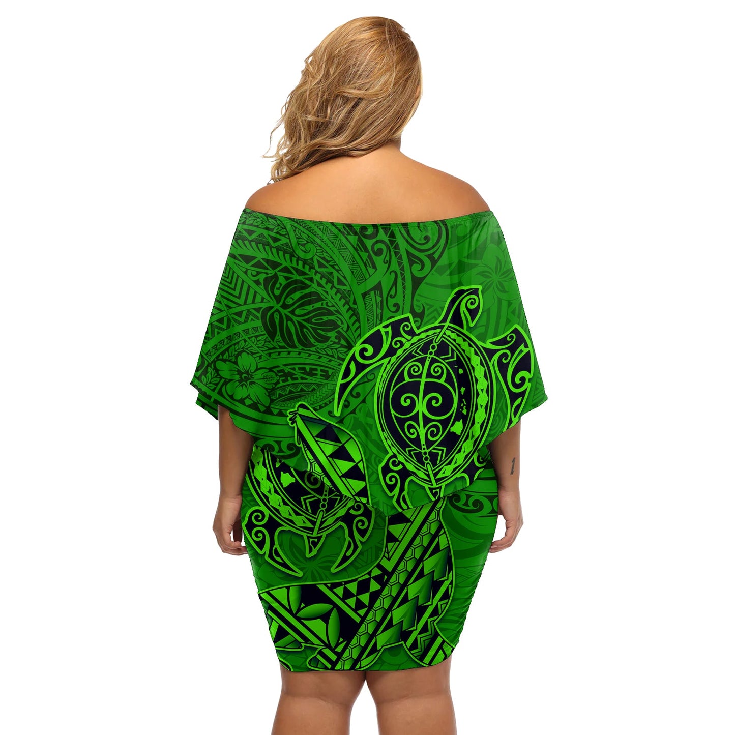 Hawaii Mönchsrobbe und Delfin Schulterfreies Kurzes Kleid mit blumen Polynesisches Kakau Muster Grün LT03
