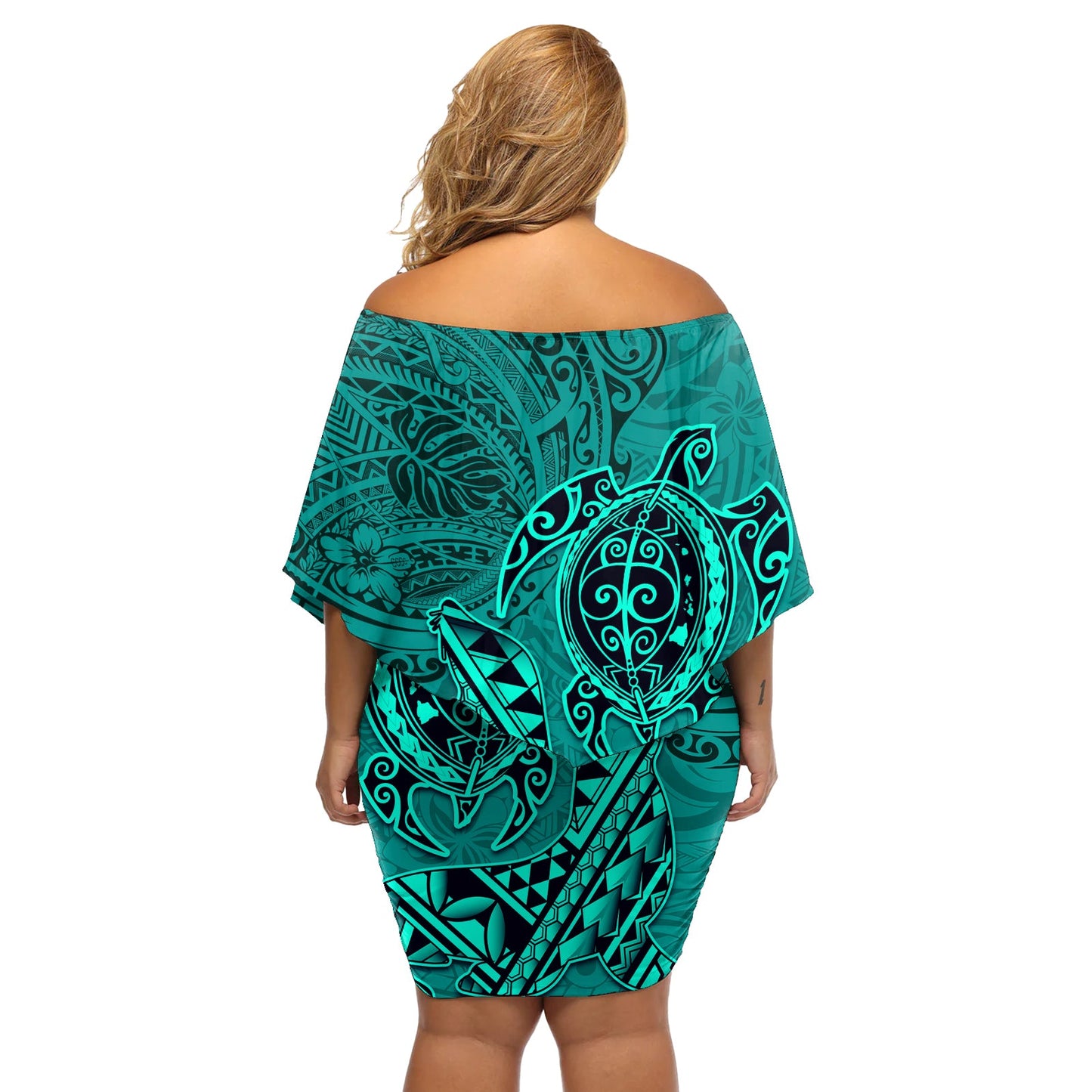 Hawaii Mönchsrobbe und Delfin Schulterfreies Kurzes Kleid mit blumen Polynesisches Kakau Muster Türkis LT03