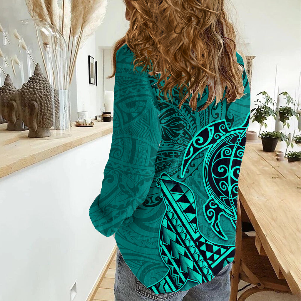 Hawaii Mönchsrobbe und Delfin Damen Freizeithemd Polynesisches Kakau Muster Türkis LT03