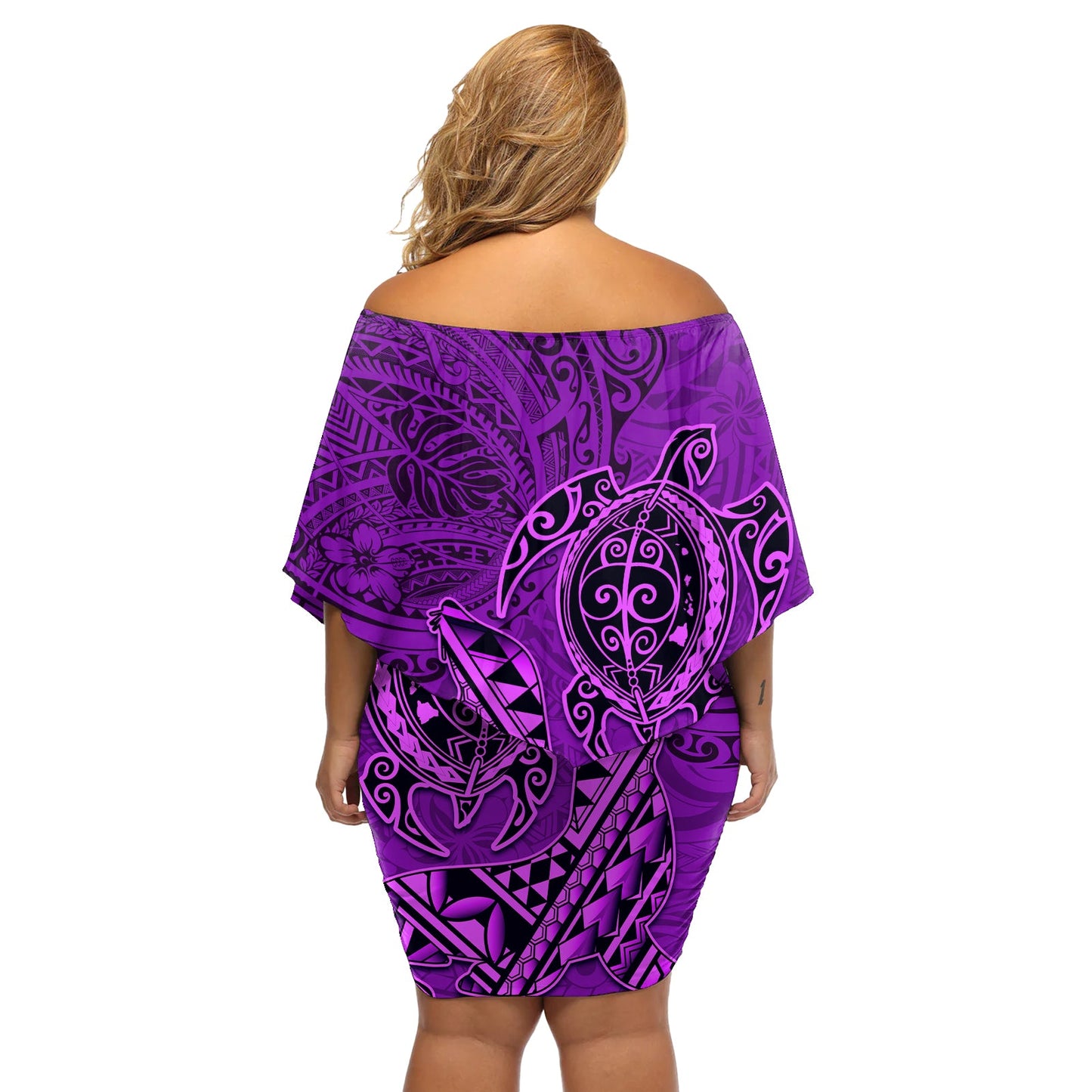 Hawaii Mönchsrobbe und Delfin Schulterfreies Kurzes Kleid mit blumen Polynesisches Kakau Muster Lila LT03