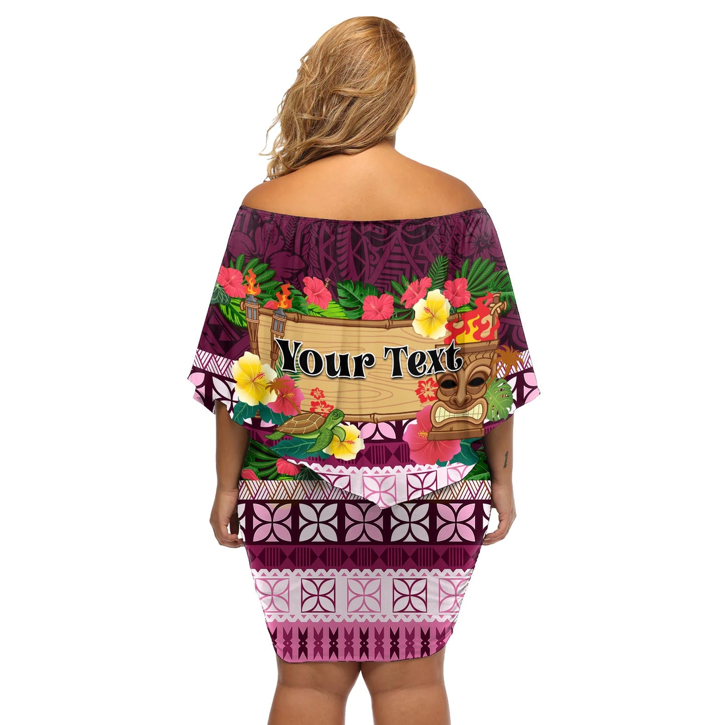 Pasifika Festival Auckland, schulterfreies, kurzes Kleid blumen, polynesisches Tribal mit pazifischem Muster, Farbe Pink, LT03