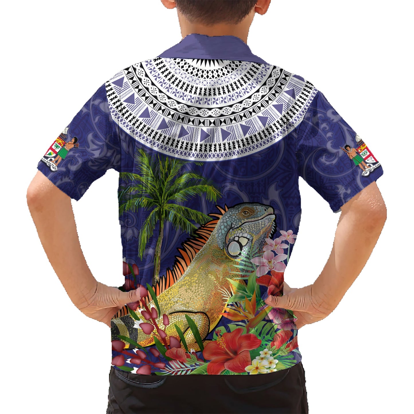 Bula Fiji Crested Iguana Hawaiihemd Tagimaucia Tapa Tribal Blau Farbe LT03
