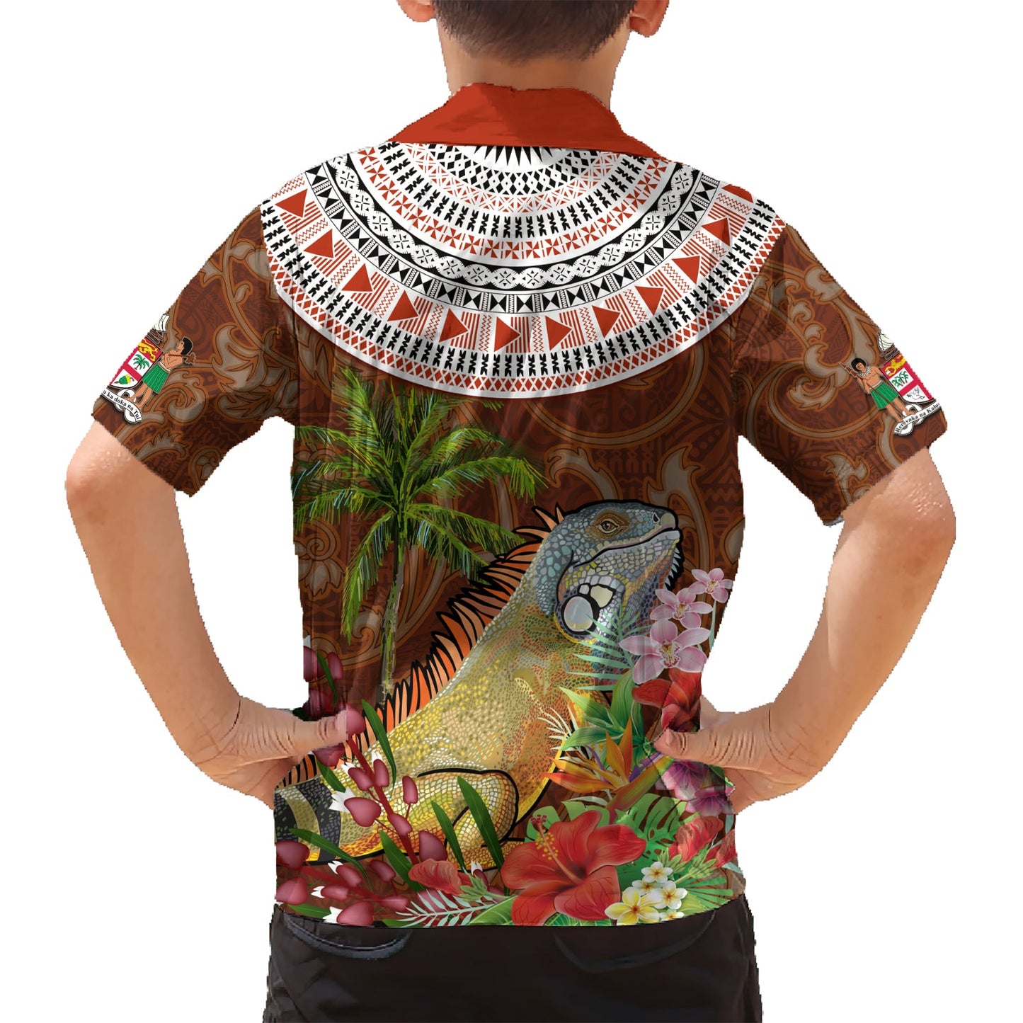 Bula Fiji Crested Iguana Hawaiihemd Tagimaucia Tapa Tribal Braun Farbe LT03