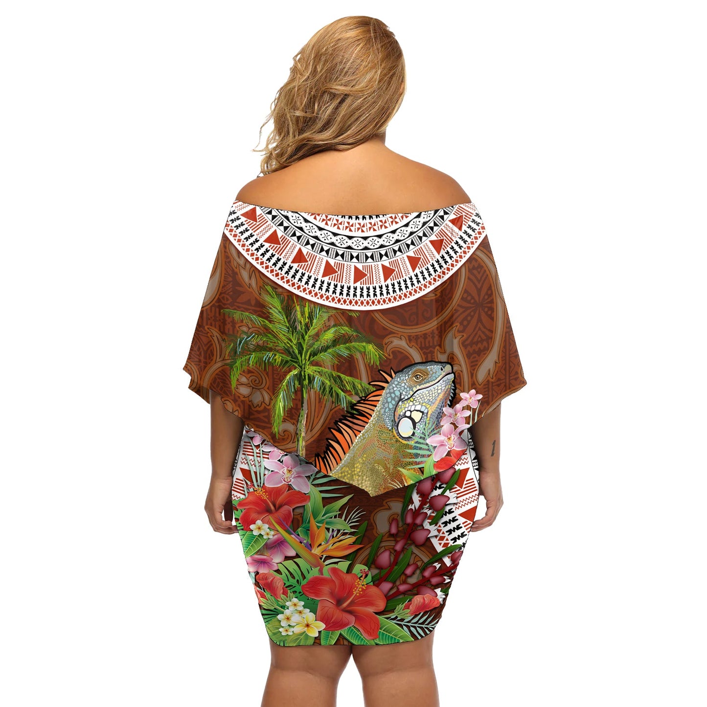 Bula Fiji Crested Iguana Schulterfreies kurzes Kleid blumen Tagimaucia Tapa Tribal Braun Farbe LT03