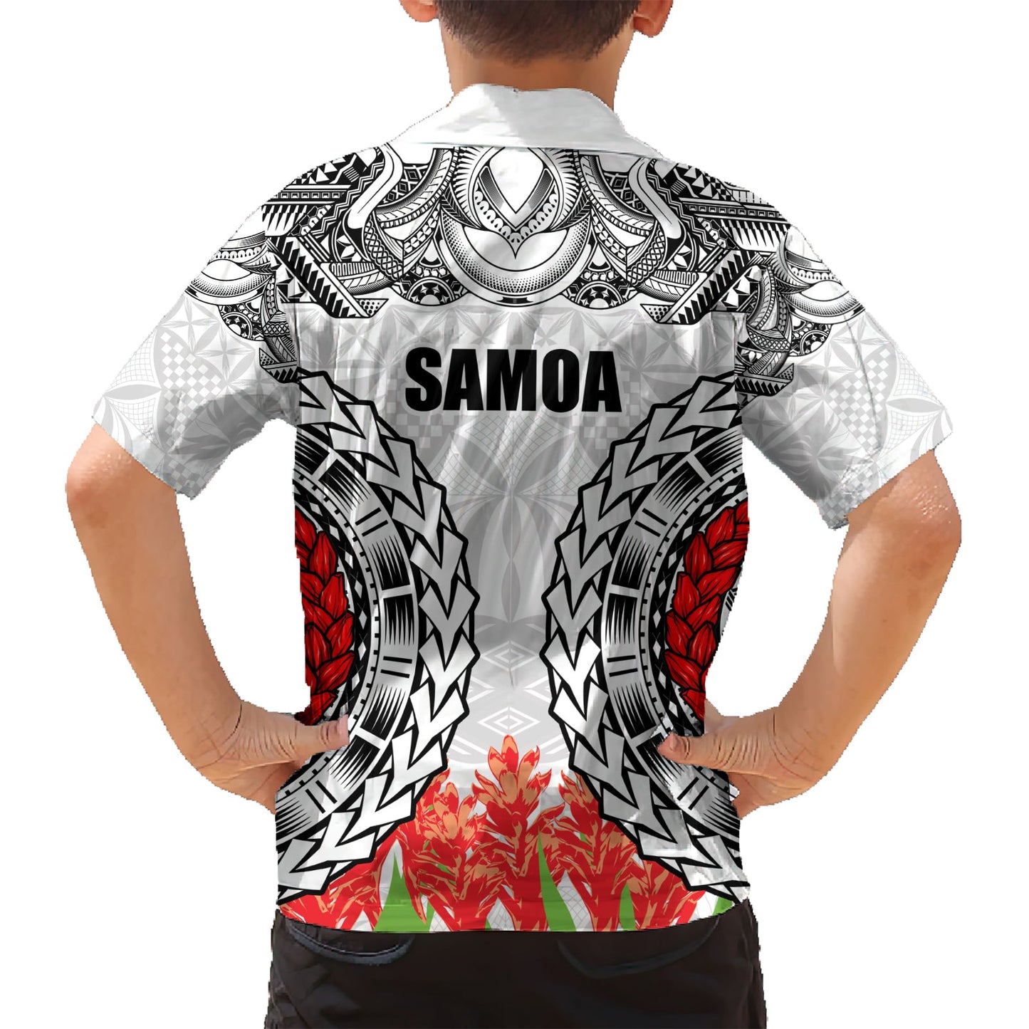 Samoa Siapo Ula Fala Hawaiihemd mit Ingwerpflanze, Farbe Weiß, LT03