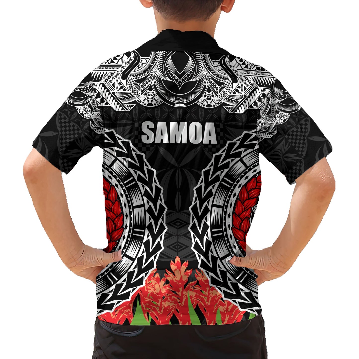 Samoa Siapo Ula Fala Hawaiihemd mit Ingwerpflanze, Farbe Schwarz, LT03