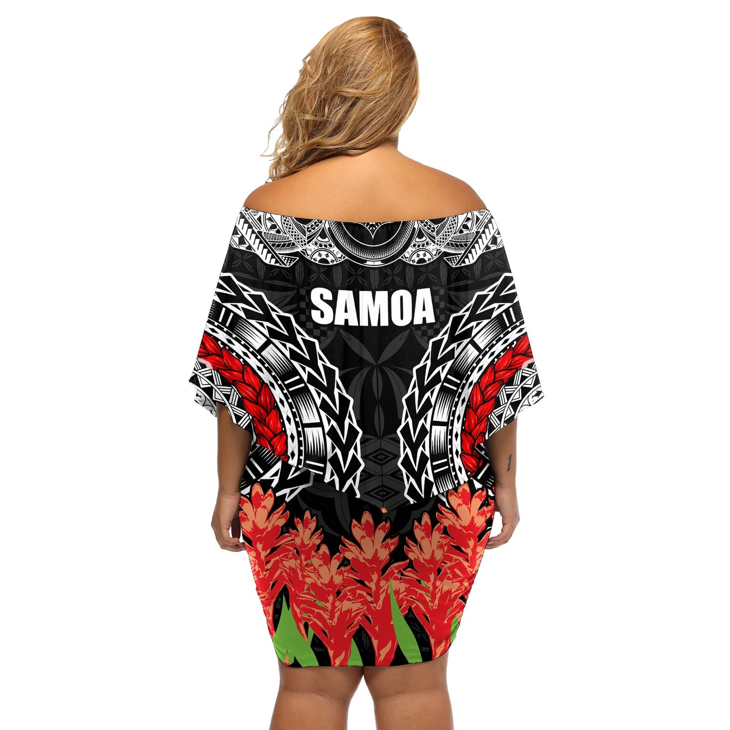 Samoa Siapo Ula Fala Schulterfreies kurzes Kleid blumen mit Ingwerpflanze, Farbe Schwarz, LT03
