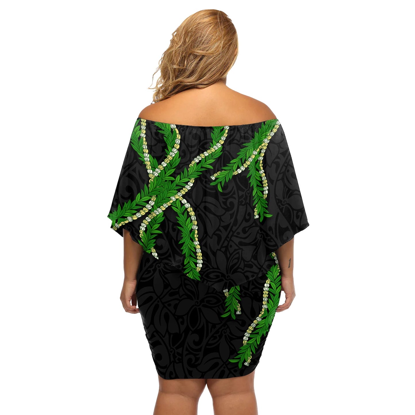 Hawaii Maile Lei Schulterfreies Kurzes Kleid mit blumen Aloha Schwarz Farbe LT03