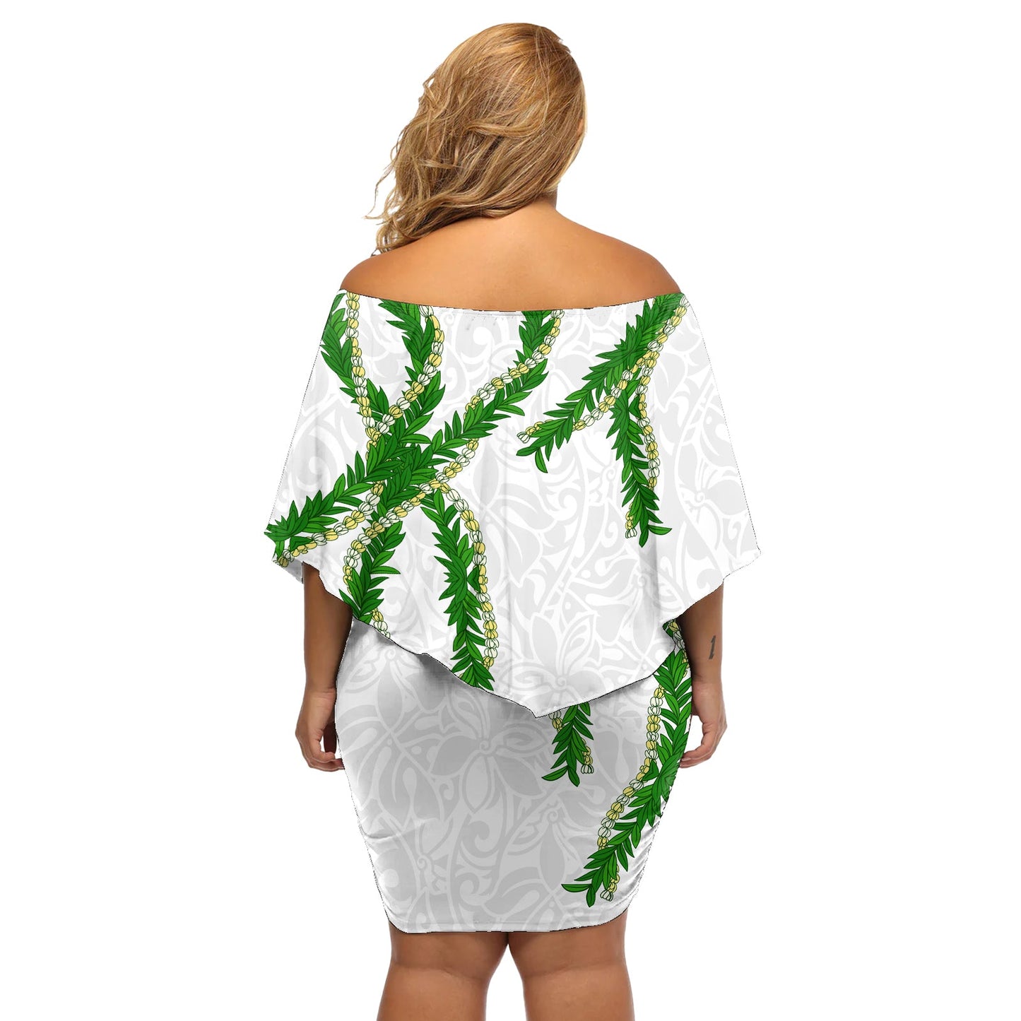 Hawaii Maile Lei Schulterfreies Kurzes Kleid mit blumen Aloha Weiß Farbe LT03