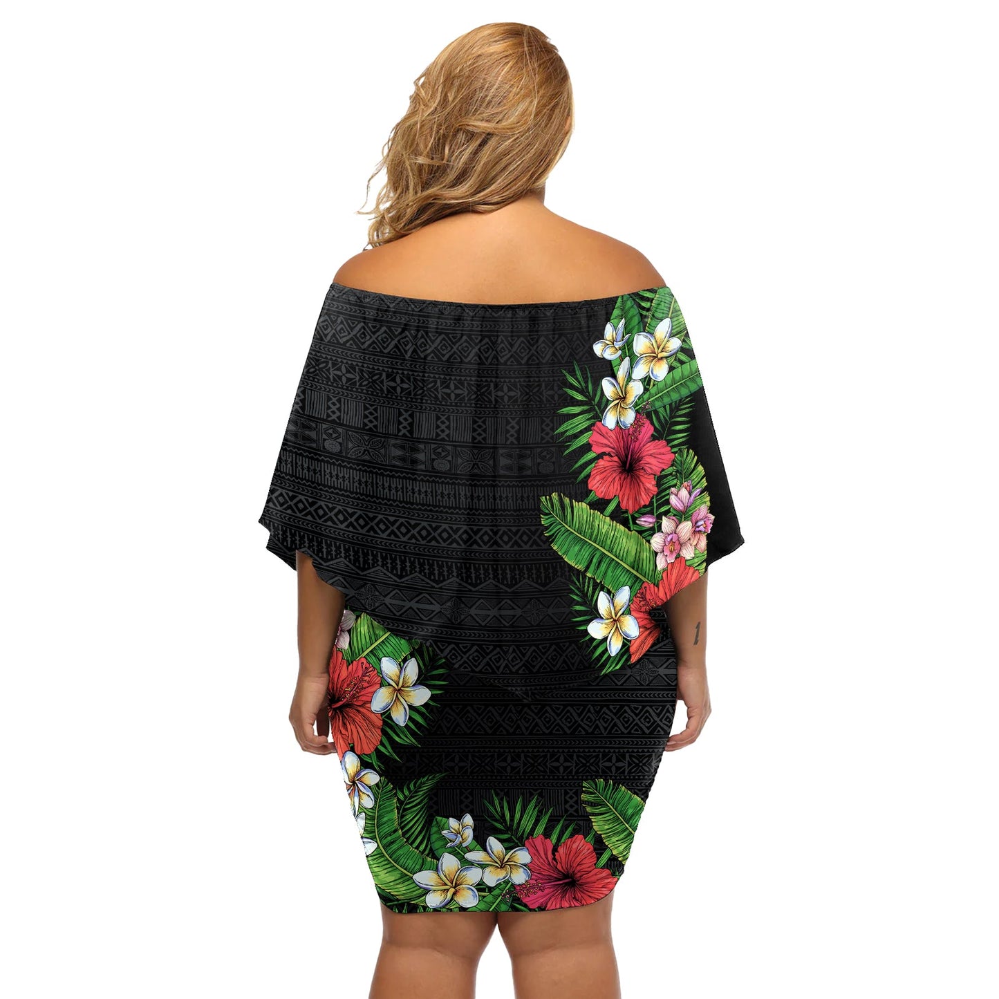 Hawaii Tropische Blumen und Blätter Schulterfreies Kurzes Kleid mit blumen Tapa Muster Bunt Mode LT03