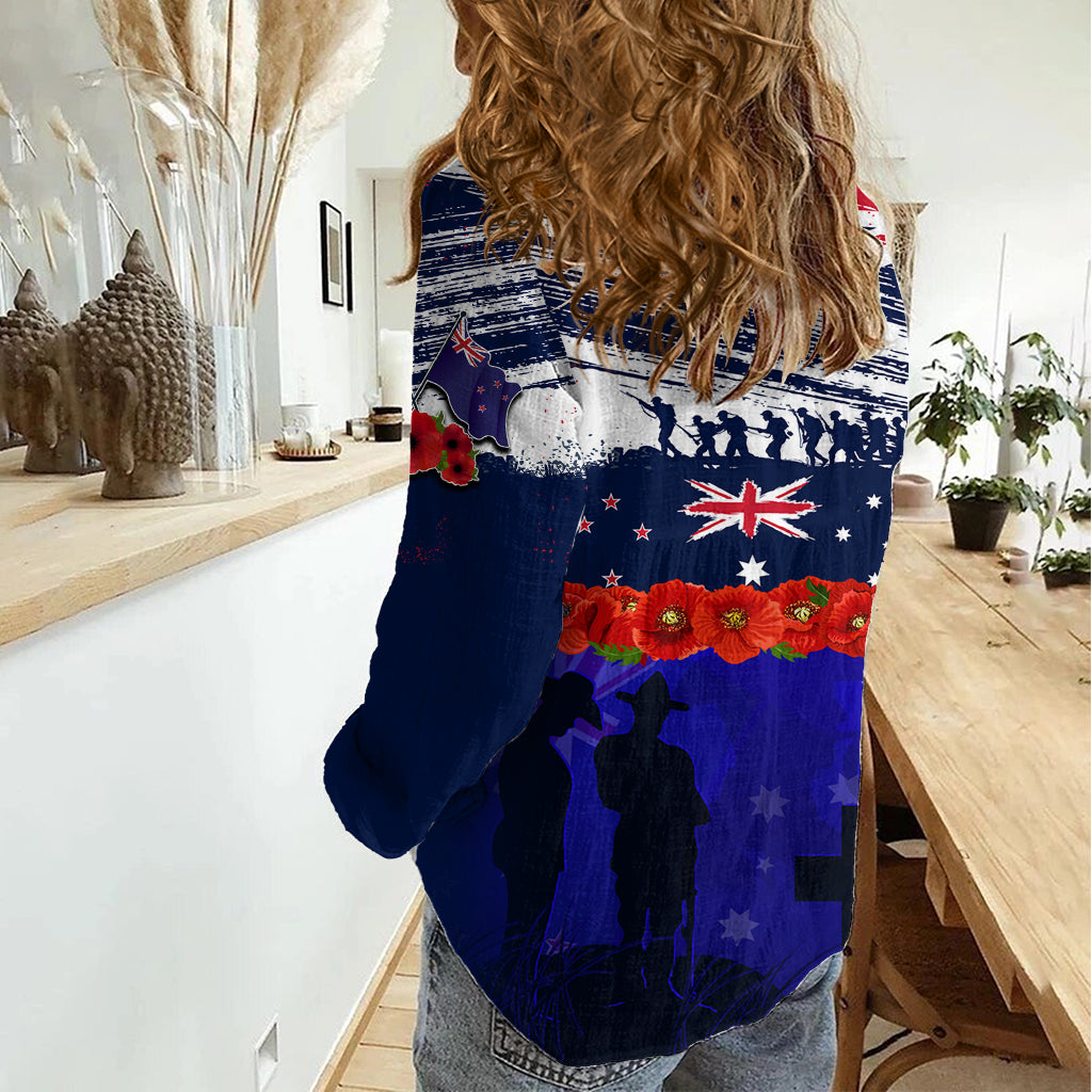 Neuseeland und Australien ANZAC Day Damen Freizeithemd Lest We Forget Red Poppy Flowers and Soldier LT03