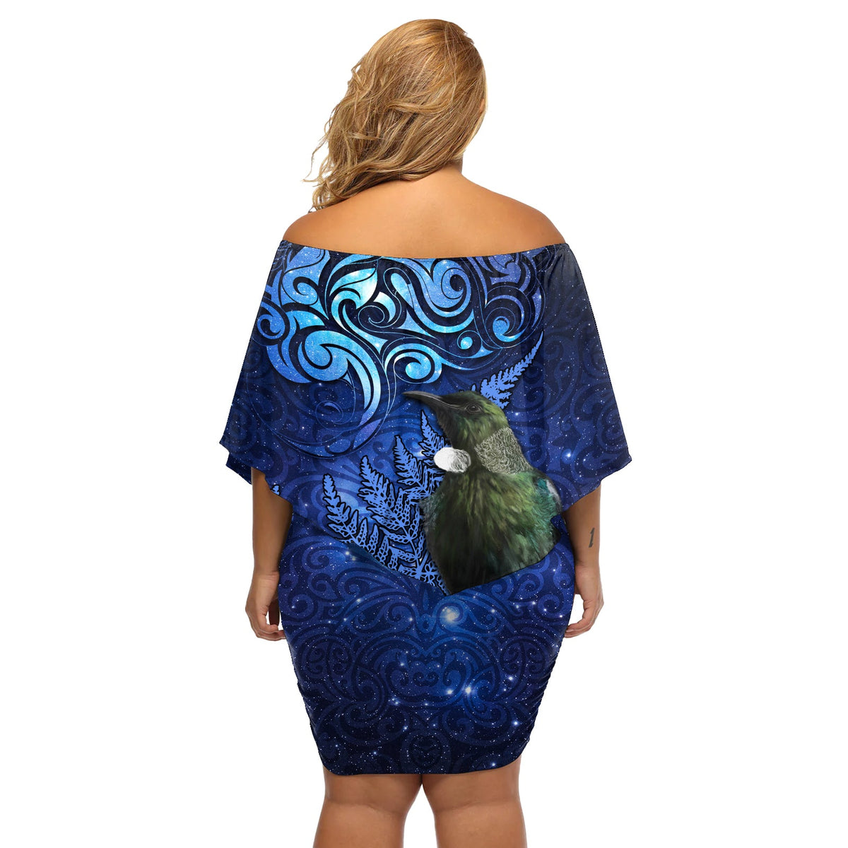 Neuseeland Tui Vogel Matariki Off Schulter Kurzes Kleider blumen Maori Neujahr mit Galaxy Farn LT03