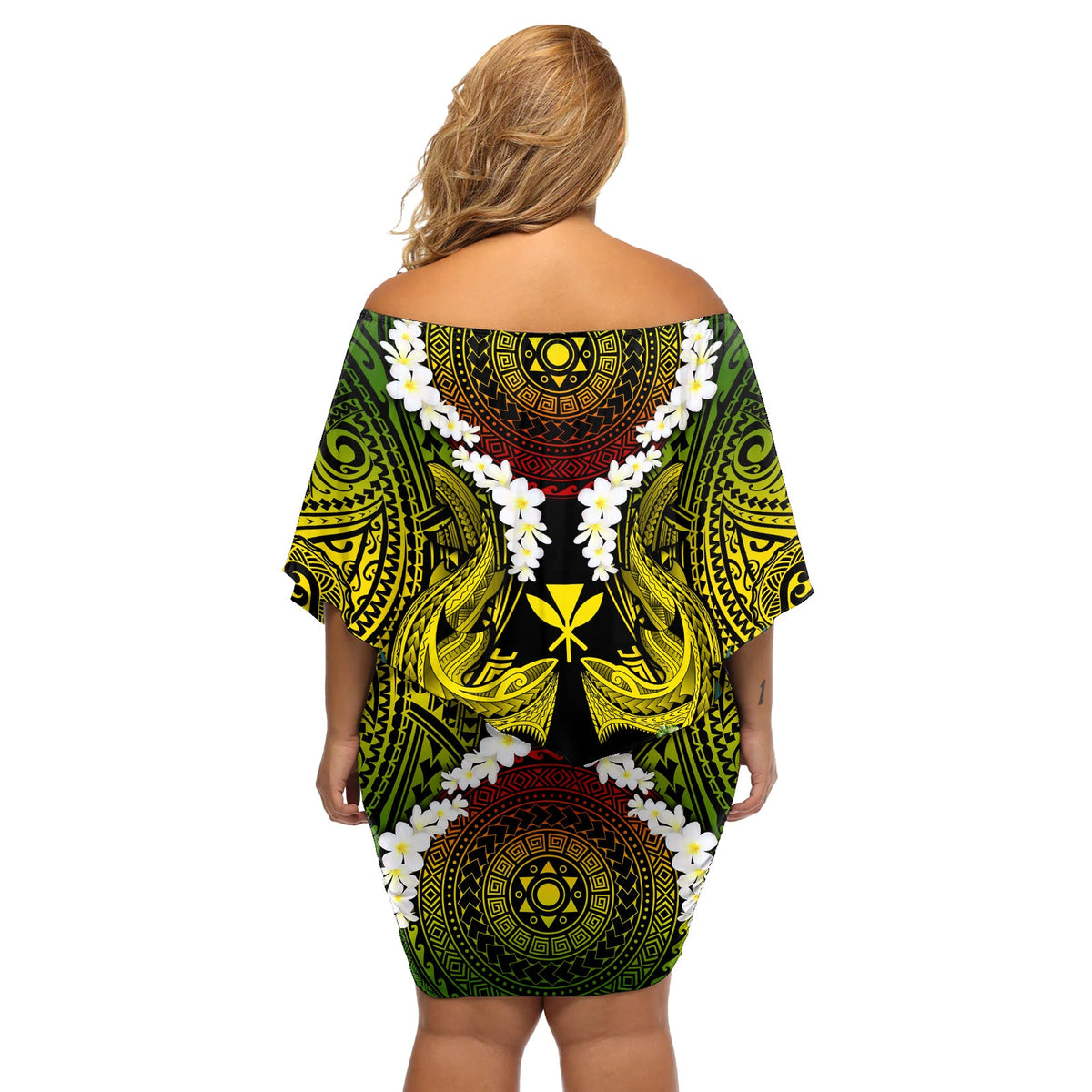 Hawaii Kanaka Maoli Off Shoulder Kurzes Kleider blumen Doppelter Hai und Hibiskusblüten LT03