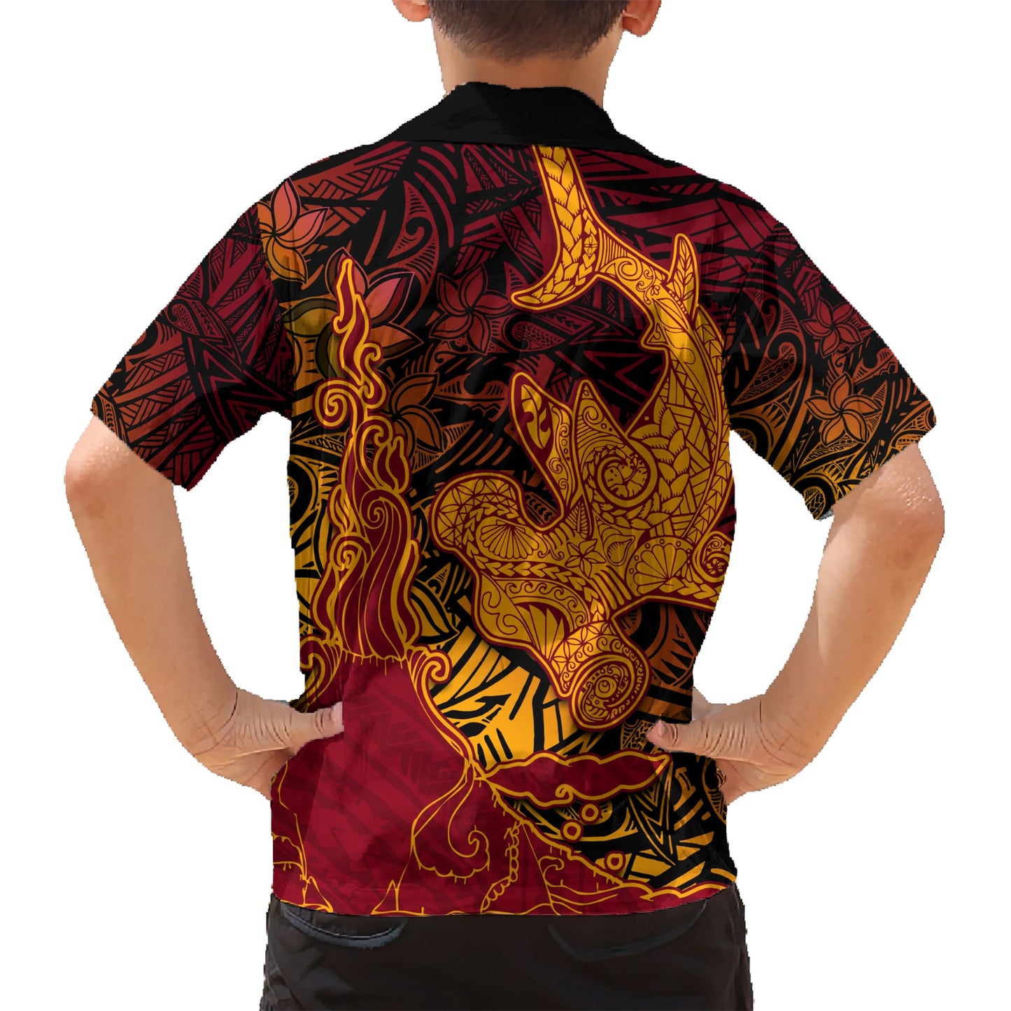 Hawaiianischer Vulkan und Hai Hawaiihemd Polynesisches und Hibiskusmuster Lavafarbe LT03