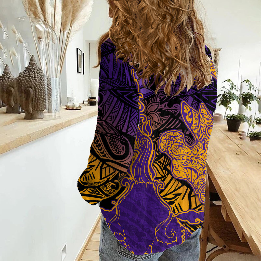 Hawaiianischer Vulkan und Hai Damen Freizeithemd Polynesisches und Hibiskus Muster Lila Gelb Farbverlauf LT03