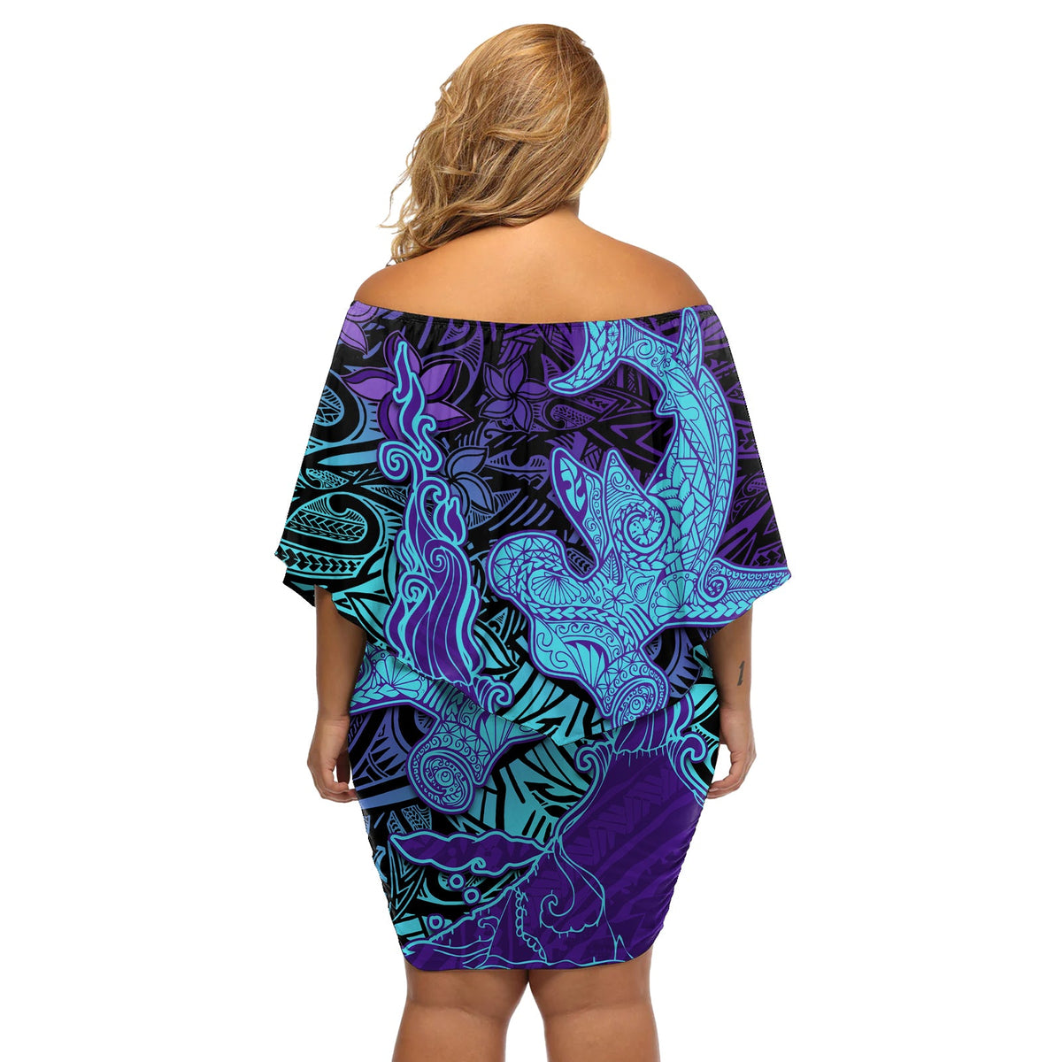 Hawaiianischer Vulkan und Hai, schulterfreies, kurzes Kleid mit blumen, polynesisches Hibiskus-Muster, Lila/Cyan, Farbverlauf LT03