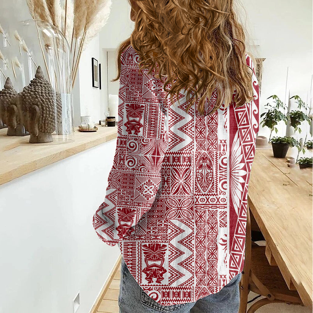 Hawaii Damen Freizeithemd Aloha Tropische Pflanzen Tribal Muster Rot Version LT03