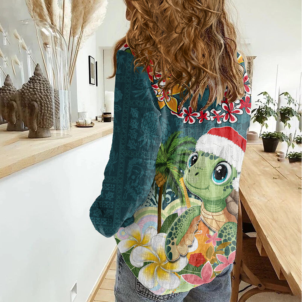 Hawaii Honu Mele Kalikimaka Damen Freizeithemd Santa Tropische Blume Aloha Sommer Türkis Version LT03