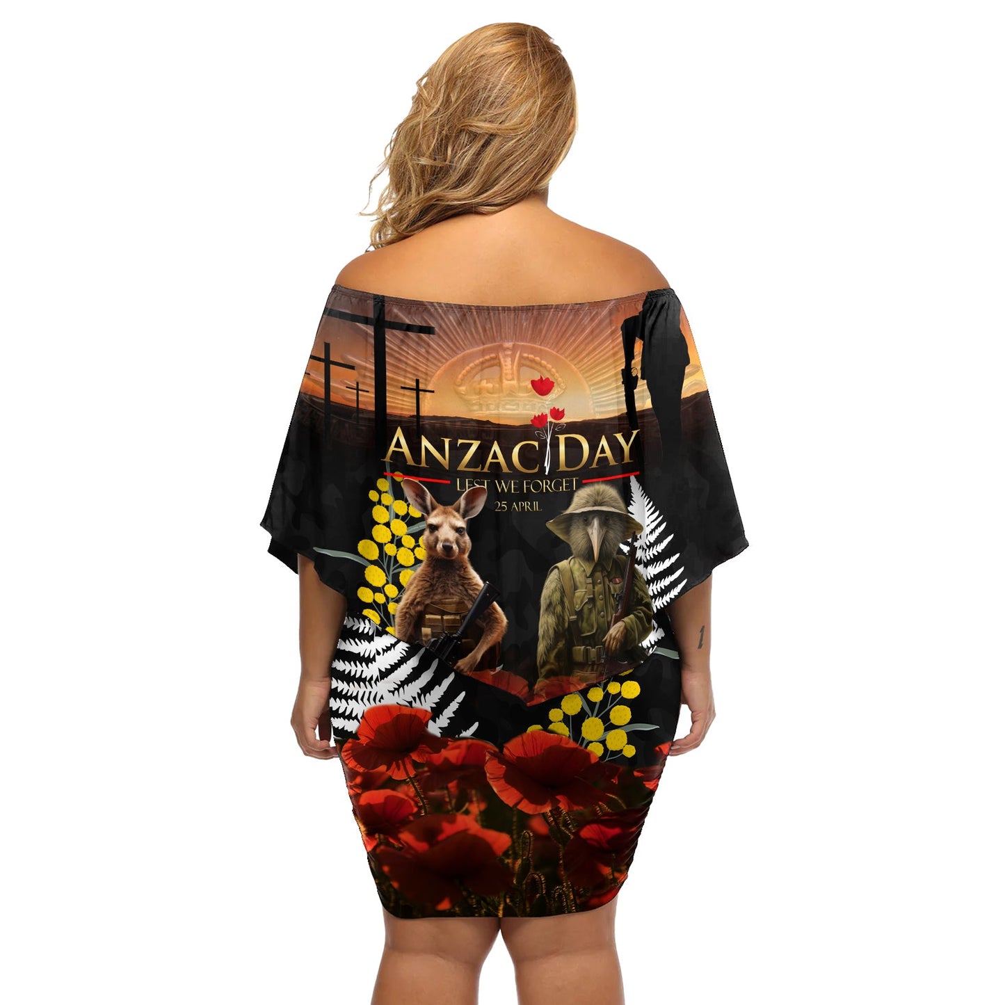 Neuseeland und Australien ANZAC Day Schulterfreies Kurzes Kleid blumen Kiwi Vogel und Känguru Soldat LT03