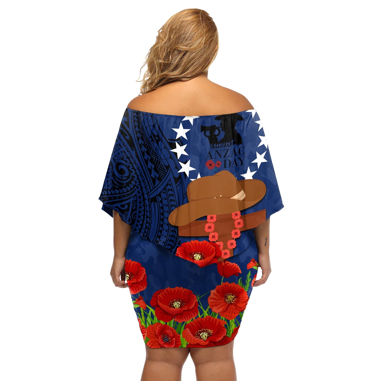 Cook Island ANZAC Day Schulterfreies kurzes Kleid blumen Soldat zollt Respekt Wir werden uns an sie erinnern LT03