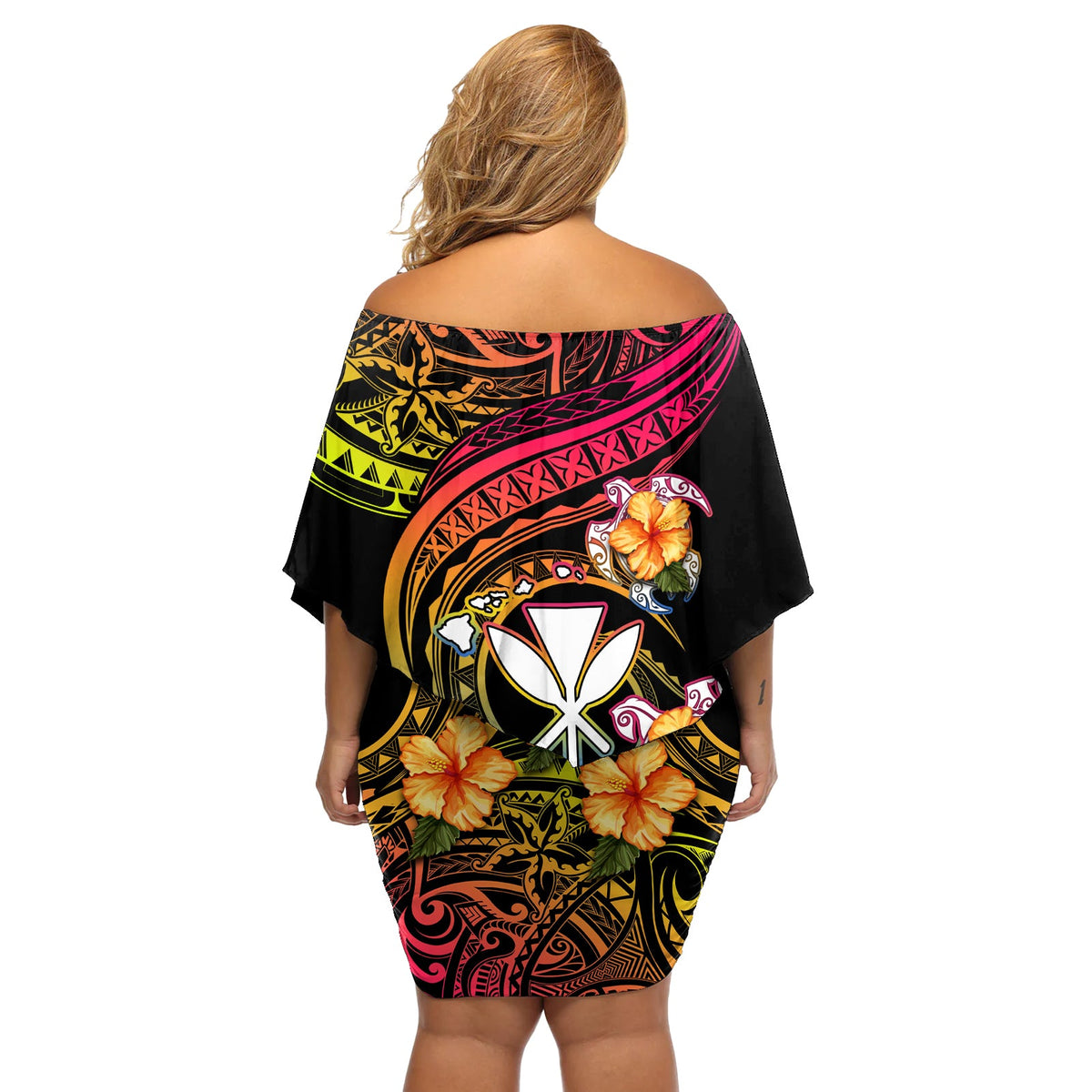 Polynesia Hawaii Turtle Day Schulterfreies Kurzes Kleider blumen Hibiscus und Kanaka Maoli LT03