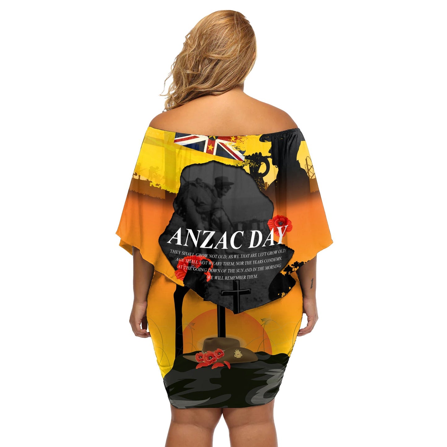 Niue ANZAC Day Schulterfreies Kurzes Kleid blumen Soldat und Gallipoli Lest We Forget LT03