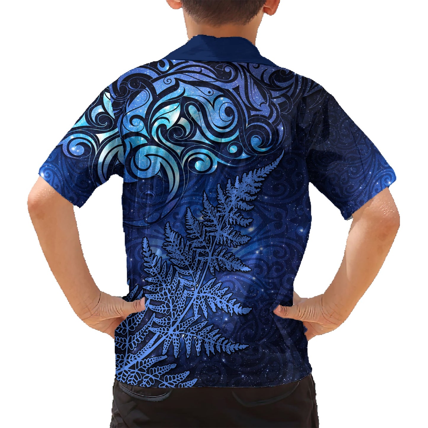 Neuseeländisches Matariki Hawaiihemd mit Maori-Muster und silbernem Farn LT03